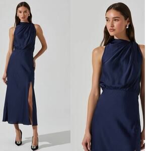 ASTR The Label Jelyn Satin Midi Dress  NAVY BLUE Size Small